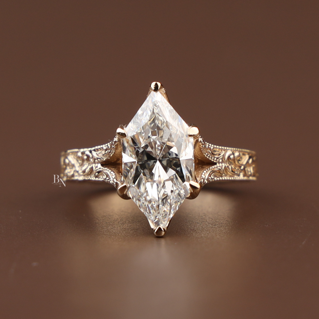 3ct Dutch Marquise Lab Grown Diamond Engagement Ring | Vintage Engraved 14k Yellow Gold Band | Solitaire Marquise Ring |