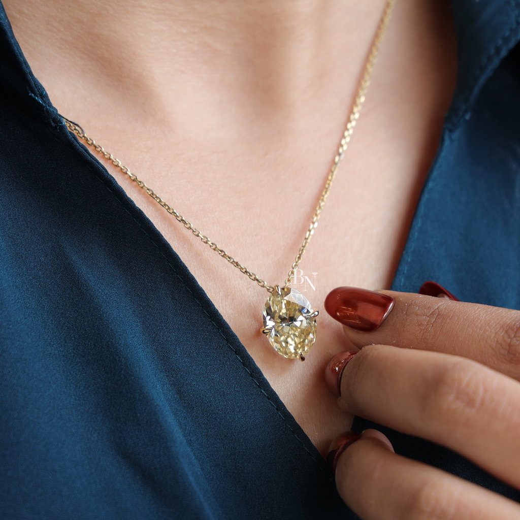 6 Carat Fancy Yellow Oval Moissanite Necklace , Yellow Gold Solitaire Pendant , Sparkling Statement Necklace
