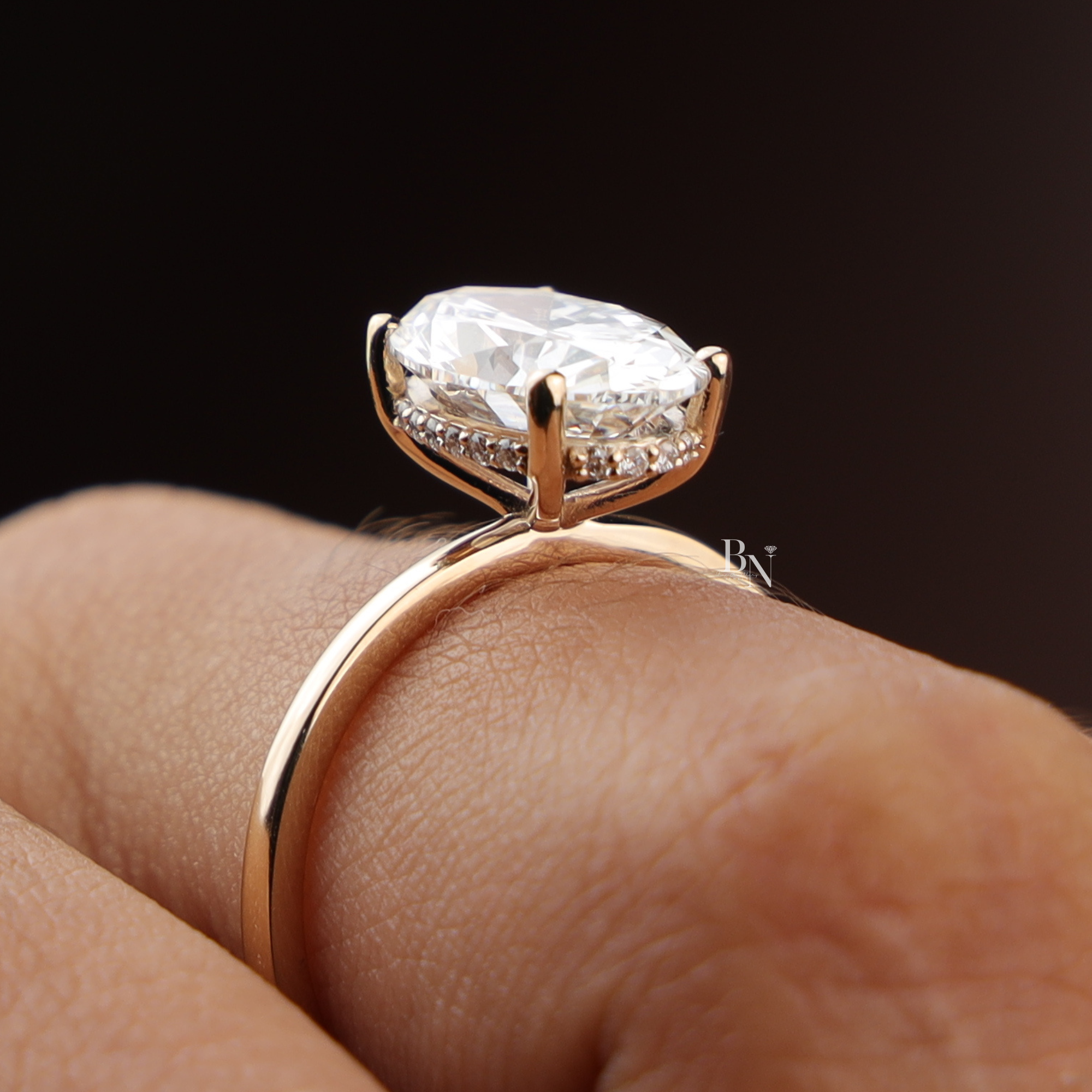3ct Oval Lab Diamond Engagement Ring, Yellow Gold Hidden Halo Solitaire Ring, Classic Plain Band Wedding Ring, Minimalist Bridal Jewelry