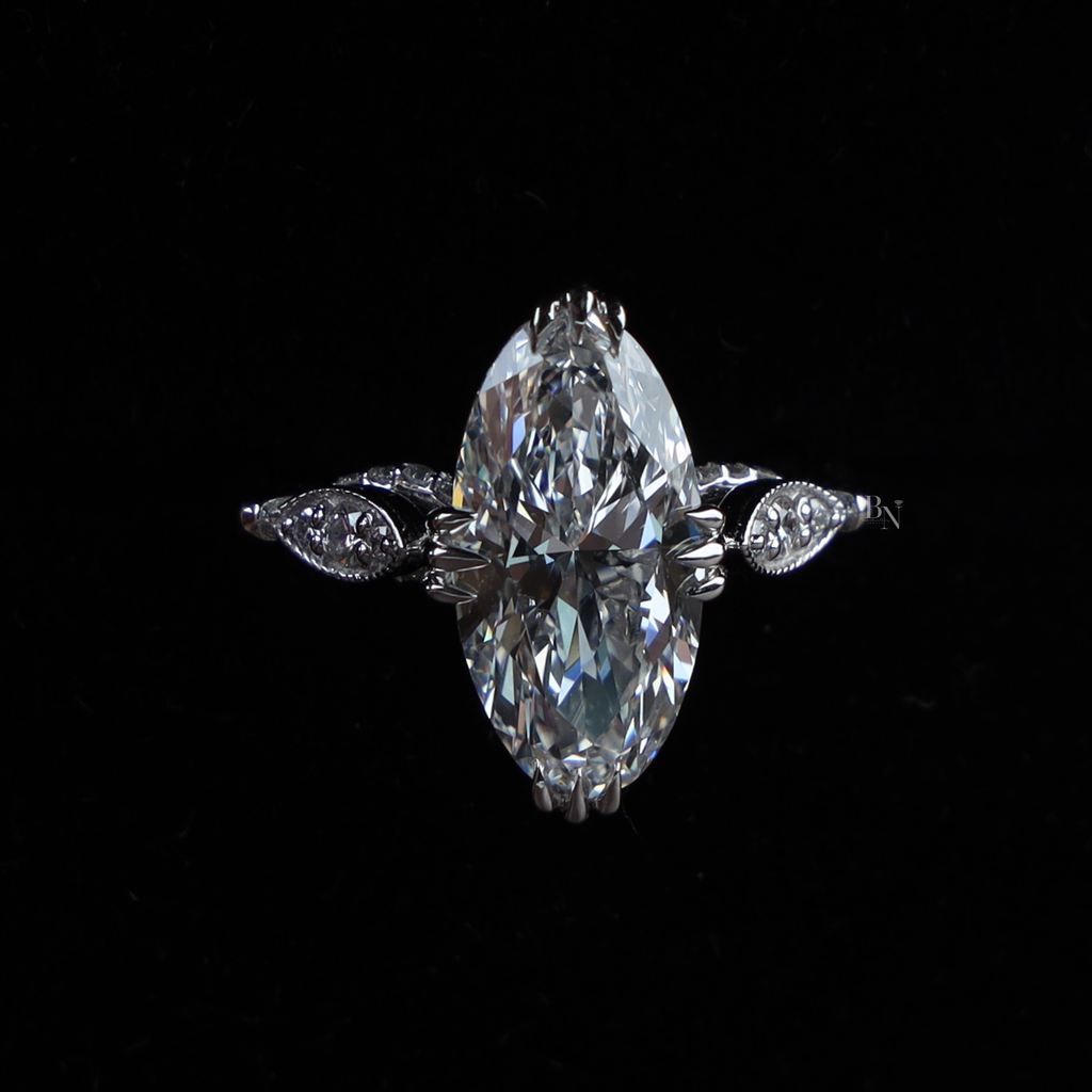 3ct Moval Cut Lab Grown Diamond Engagement Ring | 14K White Gold Vintage Solitaire | Milgrain Navette Band| Art Deco Promise