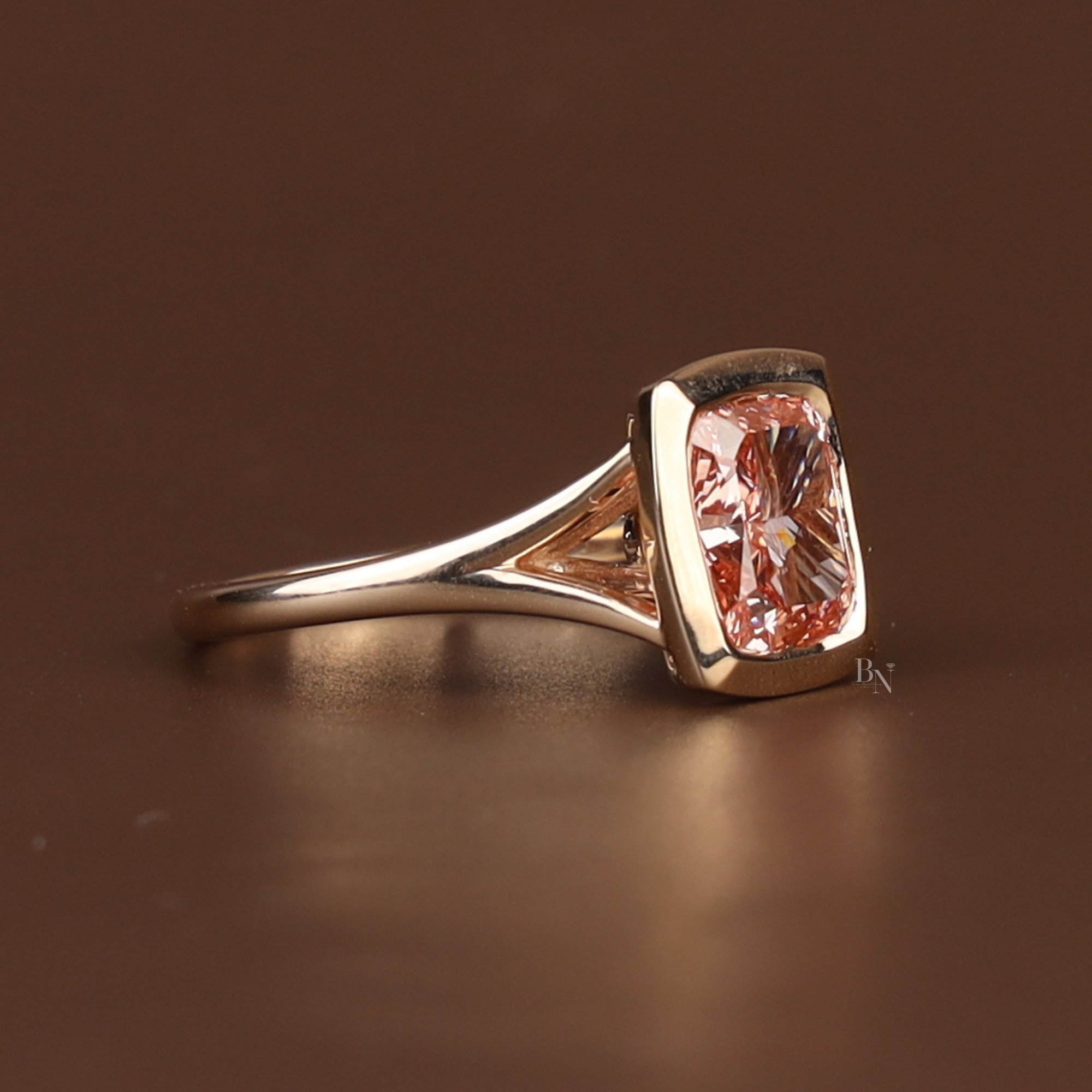 3ct Cushion Cut Fancy Pink Lab Grown Diamond Engagement Ring | 14K Solid Gold Bezel Set Solitaire | Split Shank Cathedral Bridal Ring | IGI
