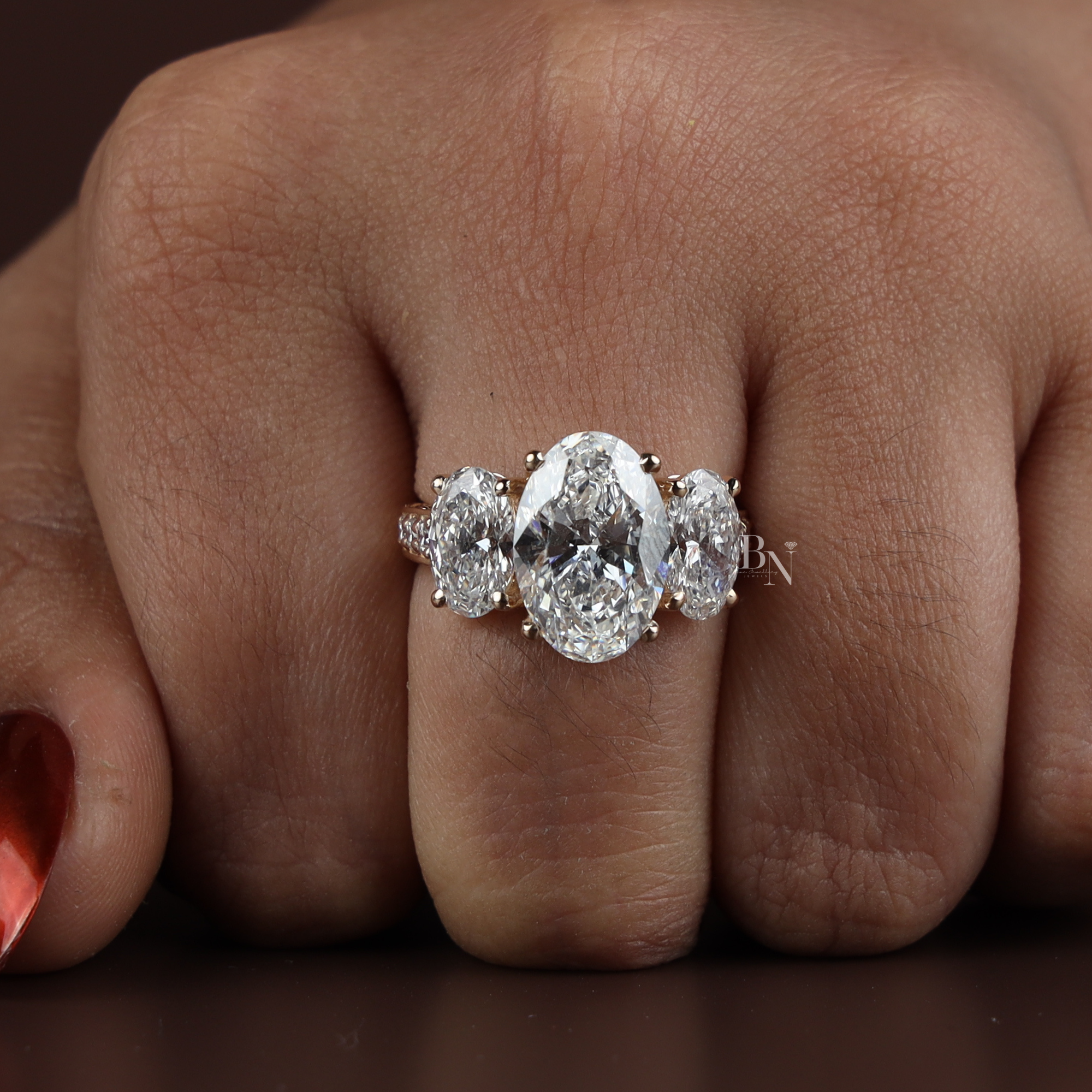 4ct Oval Lab Diamond Engagement Ring, 14K Rose Gold Three Stone Ring, Graduated Oval Bridal Ring, Pave Anniversary Ring, Unique Wedding Ring