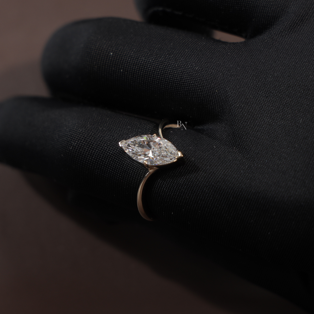 1.5 Carat Marquise Lab Grown Diamond Engagement Ring | Hidden Halo Solitaire | 14K Solid White Gold | Cathedral Pave Bridal Ring |
