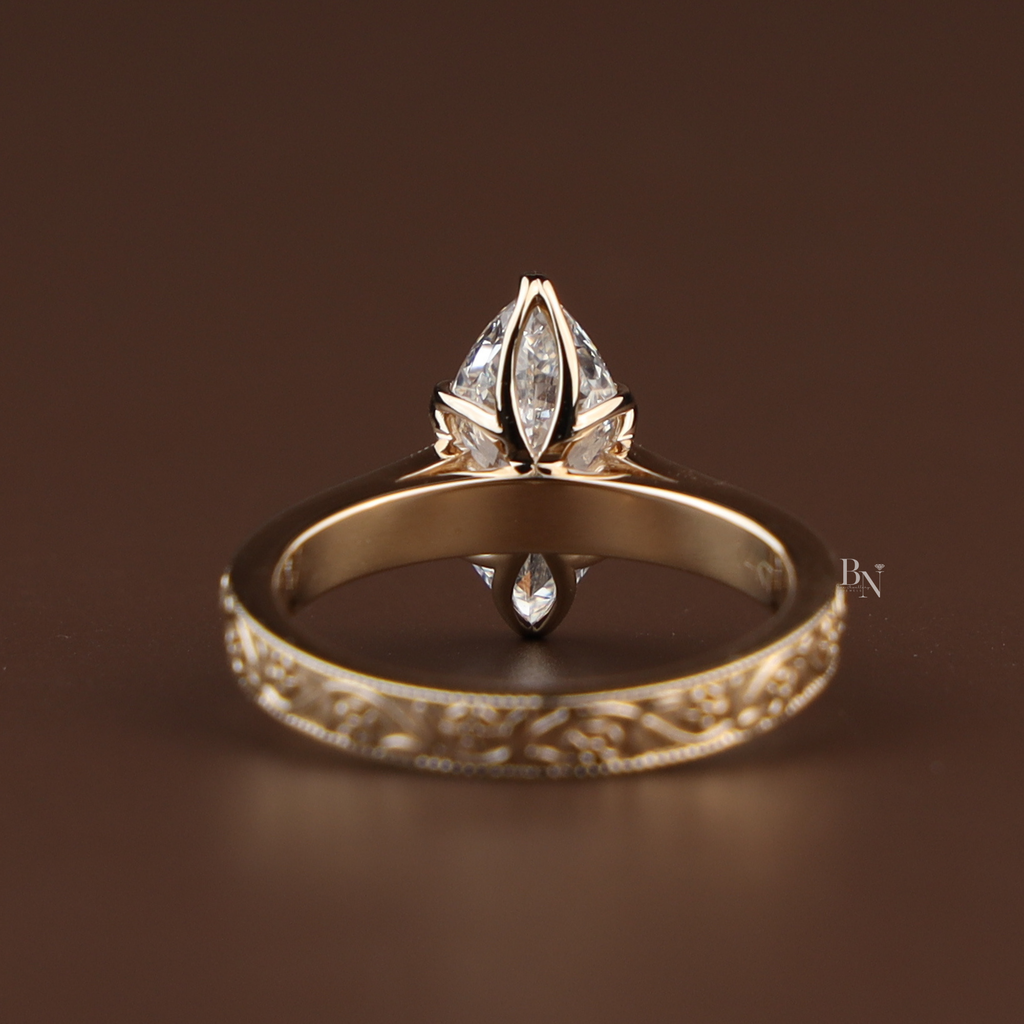 2 Carat Marquise Lab Grown Diamond Ring | Vintage Engraved Engagement Ring | Art Deco Wedding Band | Heirloom Quality Solitaire