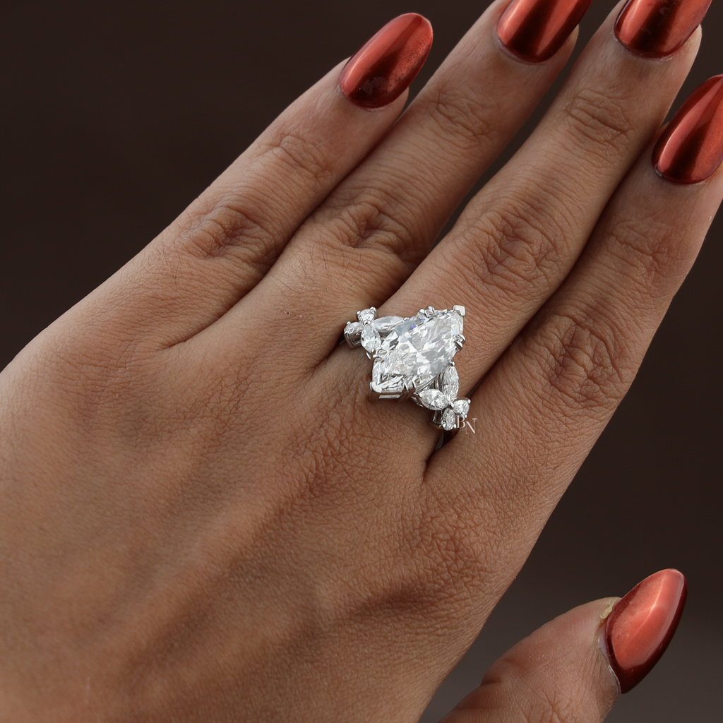 3.50ct Marquise Lab Grown Diamond Engagement Ring | Butterfly Side Stones | 14K White Gold V-Prong | IGI Certified Type IIa Bridal Jewelry