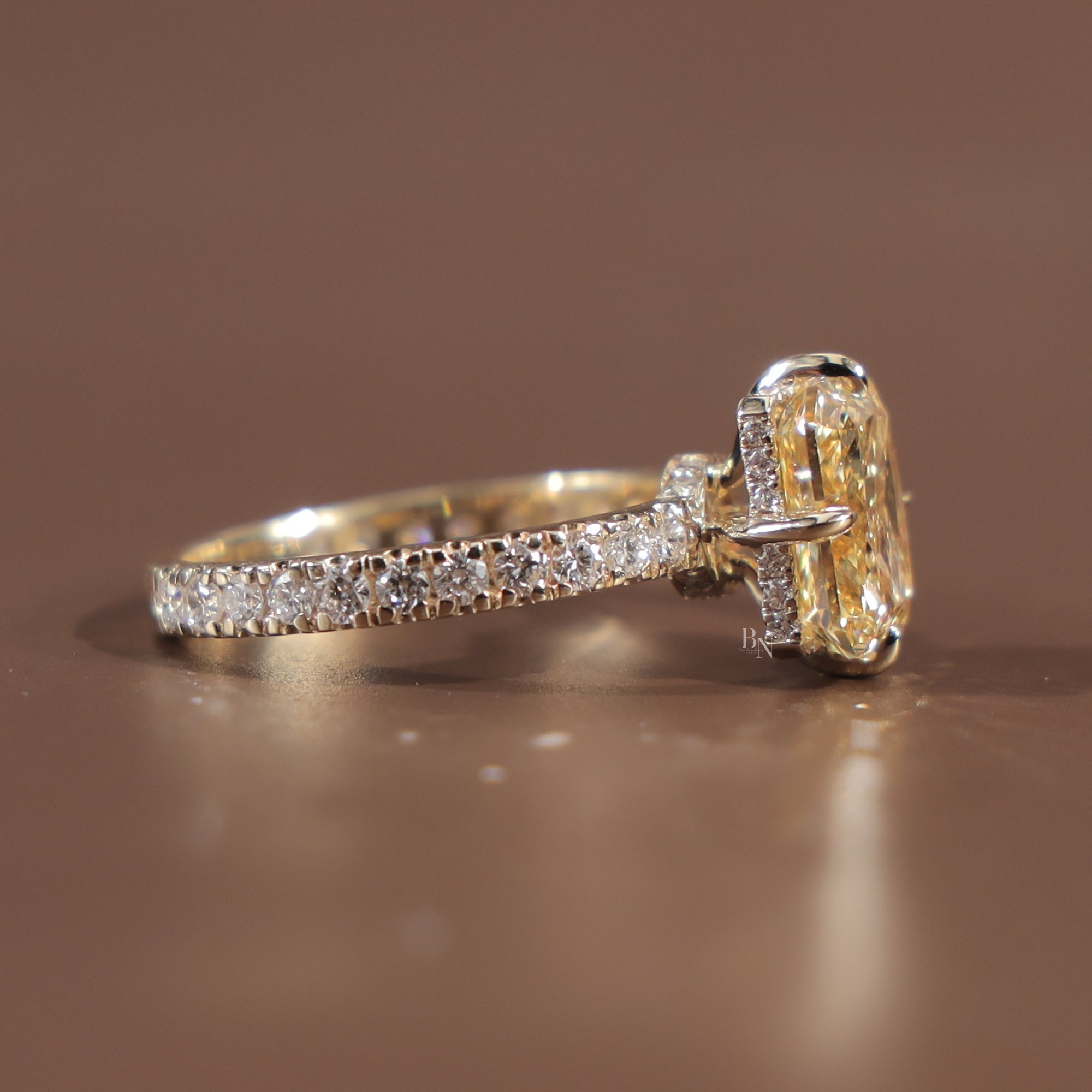 3.5ct Radiant Cut Fancy Yellow Lab Grown Diamond Engagement Ring | Hidden Halo | 14K White Gold Pave Band | IGI Certified Canary Diamond