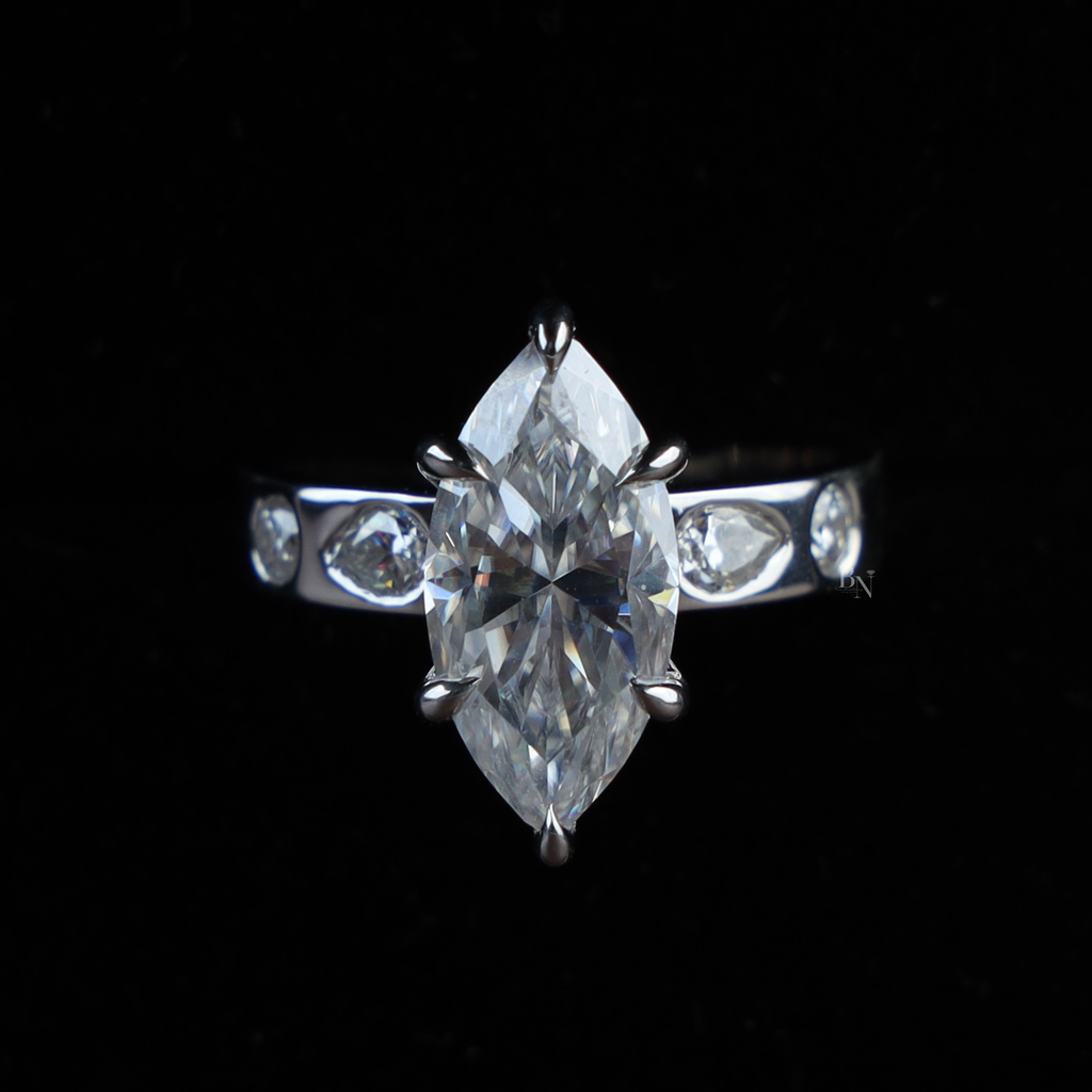 3ct Marquise Lab Grown Diamond Engagement Ring | 14K White Gold Six Prong V-Tip Solitaire | Unique Bezel Accent Band |