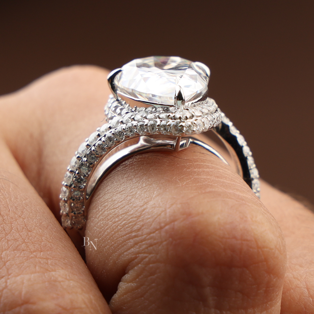 5.50ct Pear Moissanite Engagement Ring | 14K White Gold Triple Pave Bypass Band | Double Halo Sparkle Ring | High Brilliance Bridal Jewelry