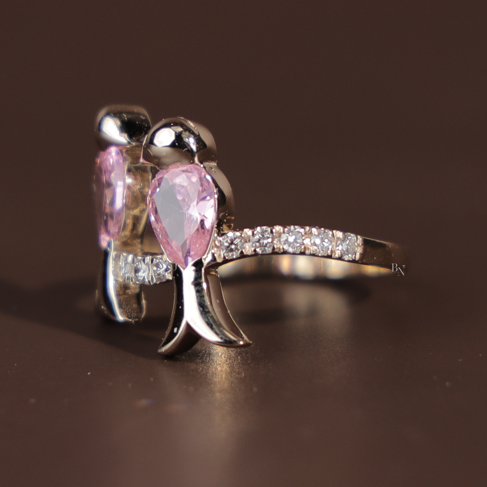 Pink Diamond Bird Ring | Pear Cut Pink Lab Diamond Toi et Moi Bird Jewelry | 14K Gold Nature Inspired Ring | Romantic Anniversary Gift