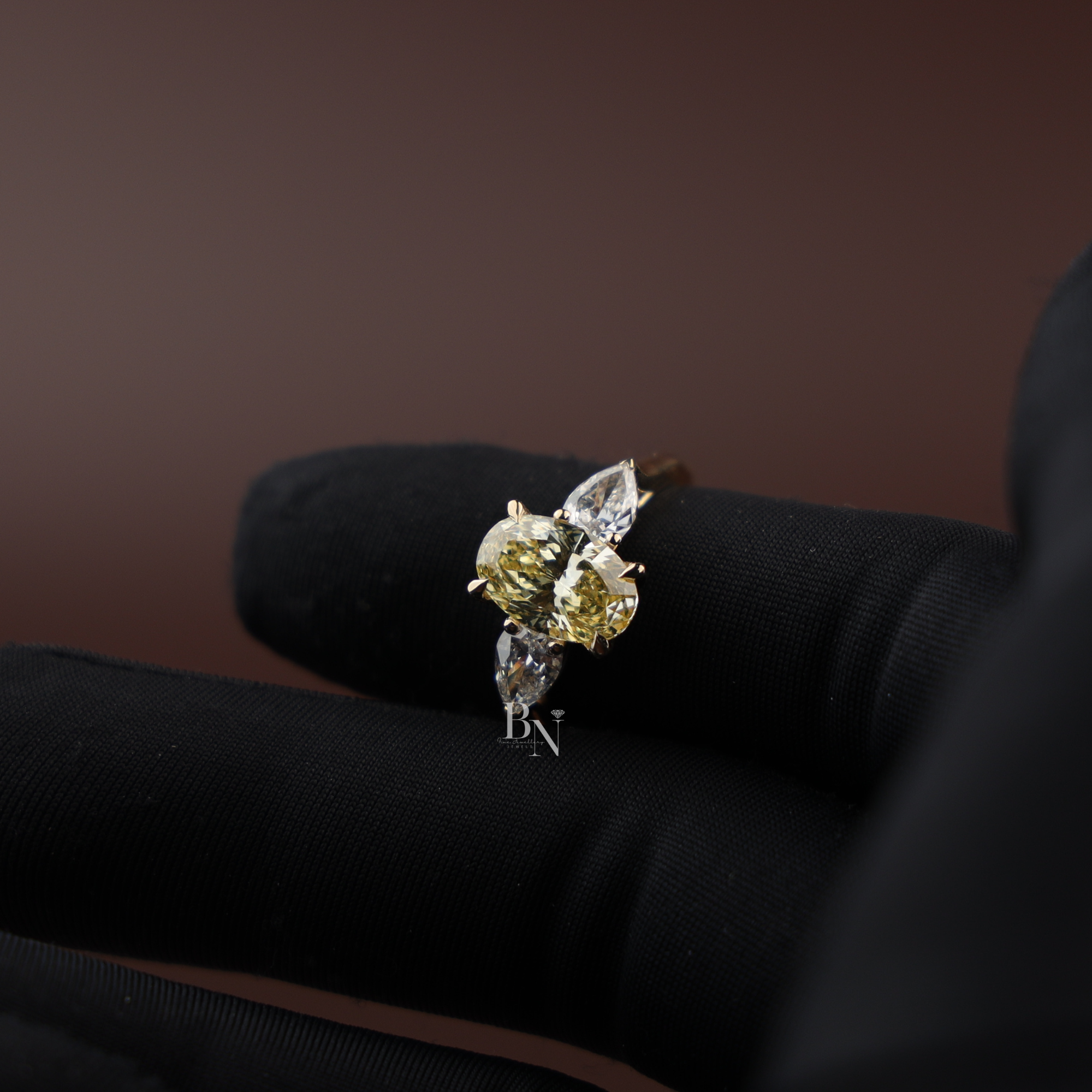 2ct Fancy Yellow Oval Lab Grown Diamond Engagement Ring | 14K Yellow Gold Three Stone Ring | Pear Cut