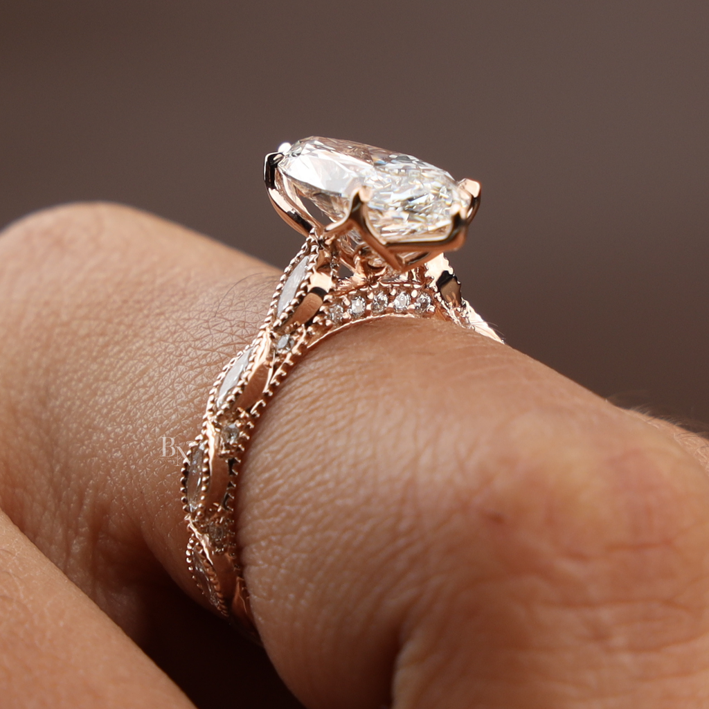 3ct Marquise Lab Grown Diamond Engagement Ring | Vintage Twisted Vine Rose Gold Band | Romantic Nature Inspired Solitaire |