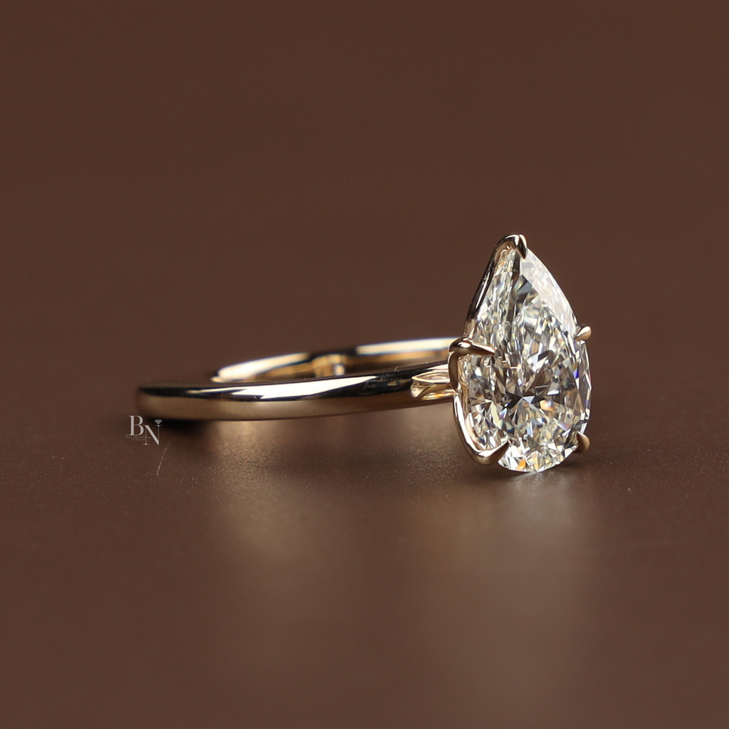 2ct Pear Cut Lab Grown Diamond Engagement Ring | 14K Yellow Gold Lotus Solitaire | Dainty Teardrop Proposal Ring | IGI Certified
