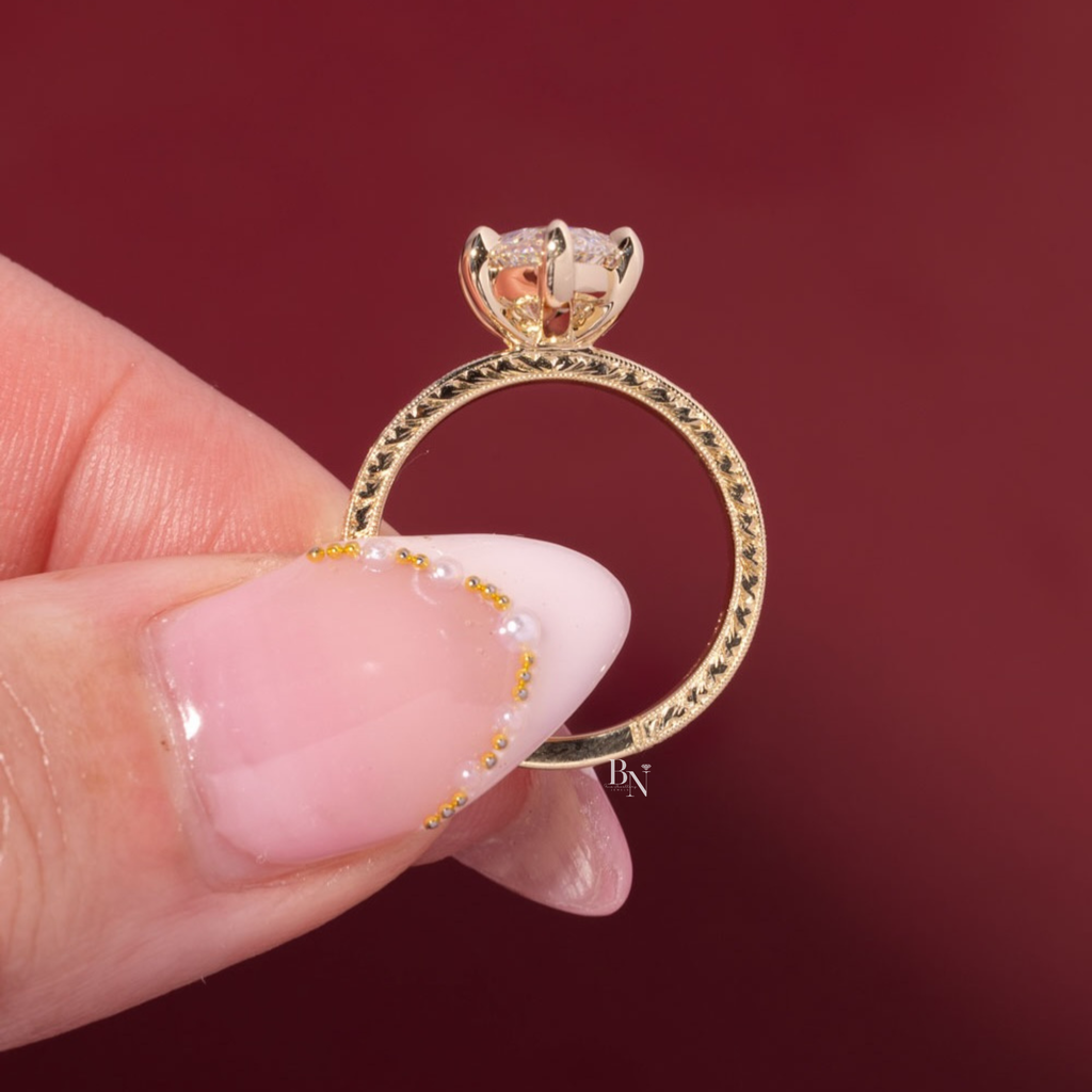 3ct Marquise Lab Grown Diamond Engagement Ring | 14K Yellow Gold | Vintage Hand Engraved Band | Art Deco Solitaire (photos of 3ct Ring)