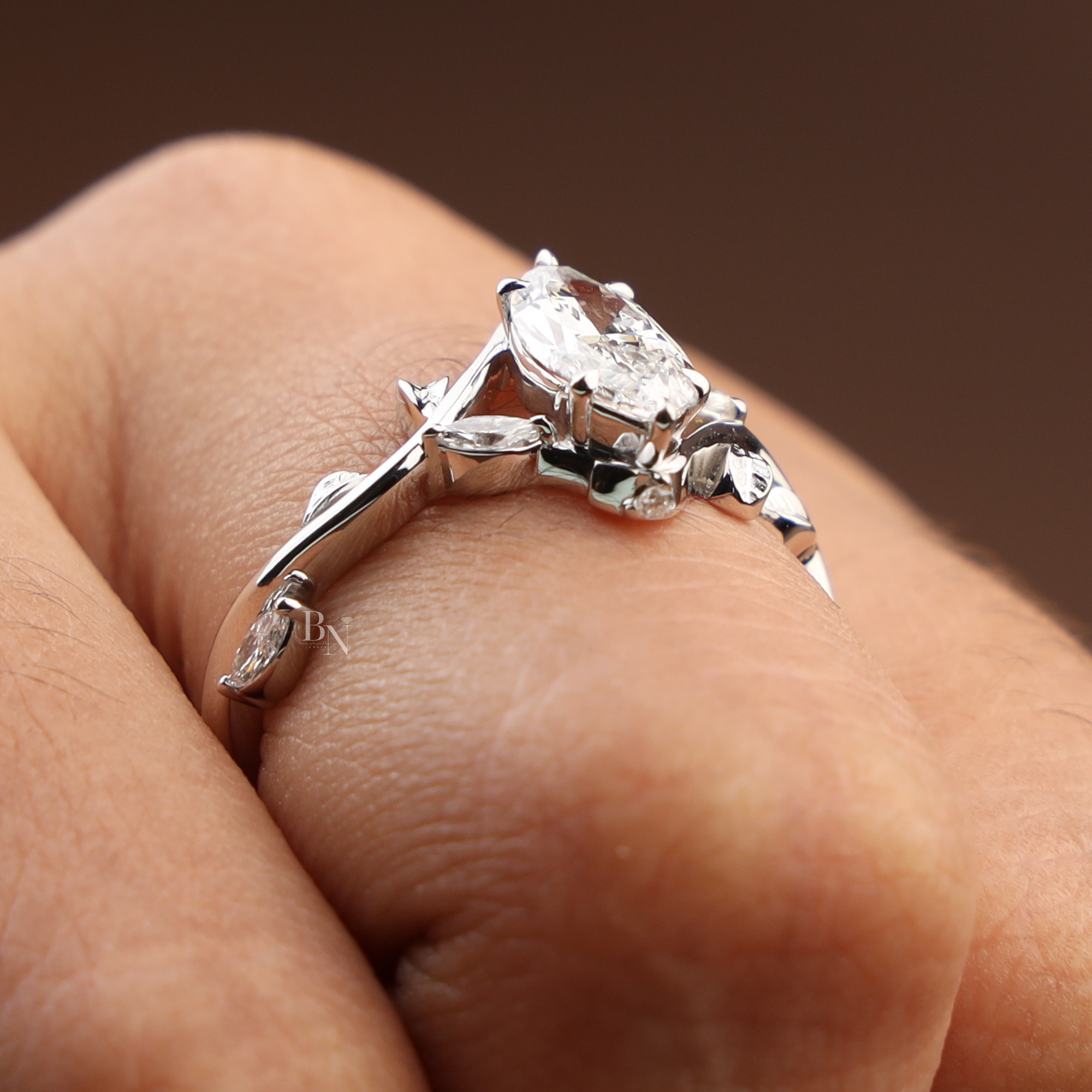 1ct Marquise Lab Diamond Engagement Ring | Nature Vine Leaf Setting | 14k White Gold Bridal Ring | Marquise Cut Anniversary Gift for Her