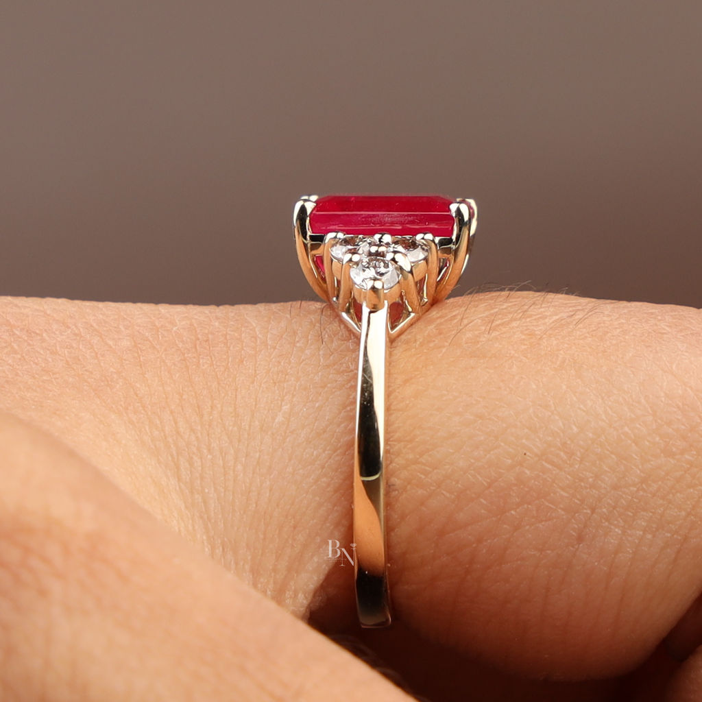 2ct Emerald Cut Red Lab Diamond Engagement Ring | 14K Yellow Gold | Hidden Halo | Triple Cluster Side Stone | Type IIa | IGI Certified Ruby