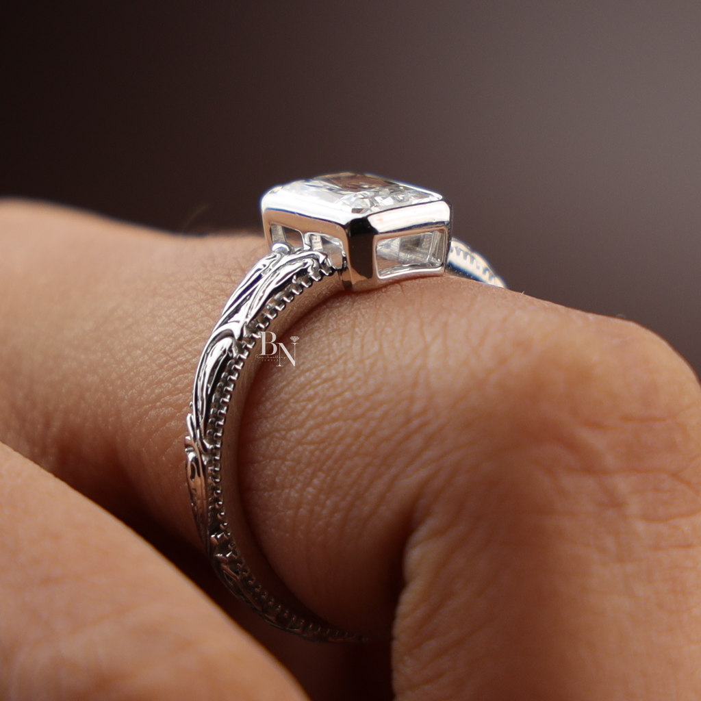 1.5ct Radiant Lab Diamond Engagement Ring , Vintage Engraved Bezel Set Ring , Art Deco Style Wedding Ring , Antique Inspired