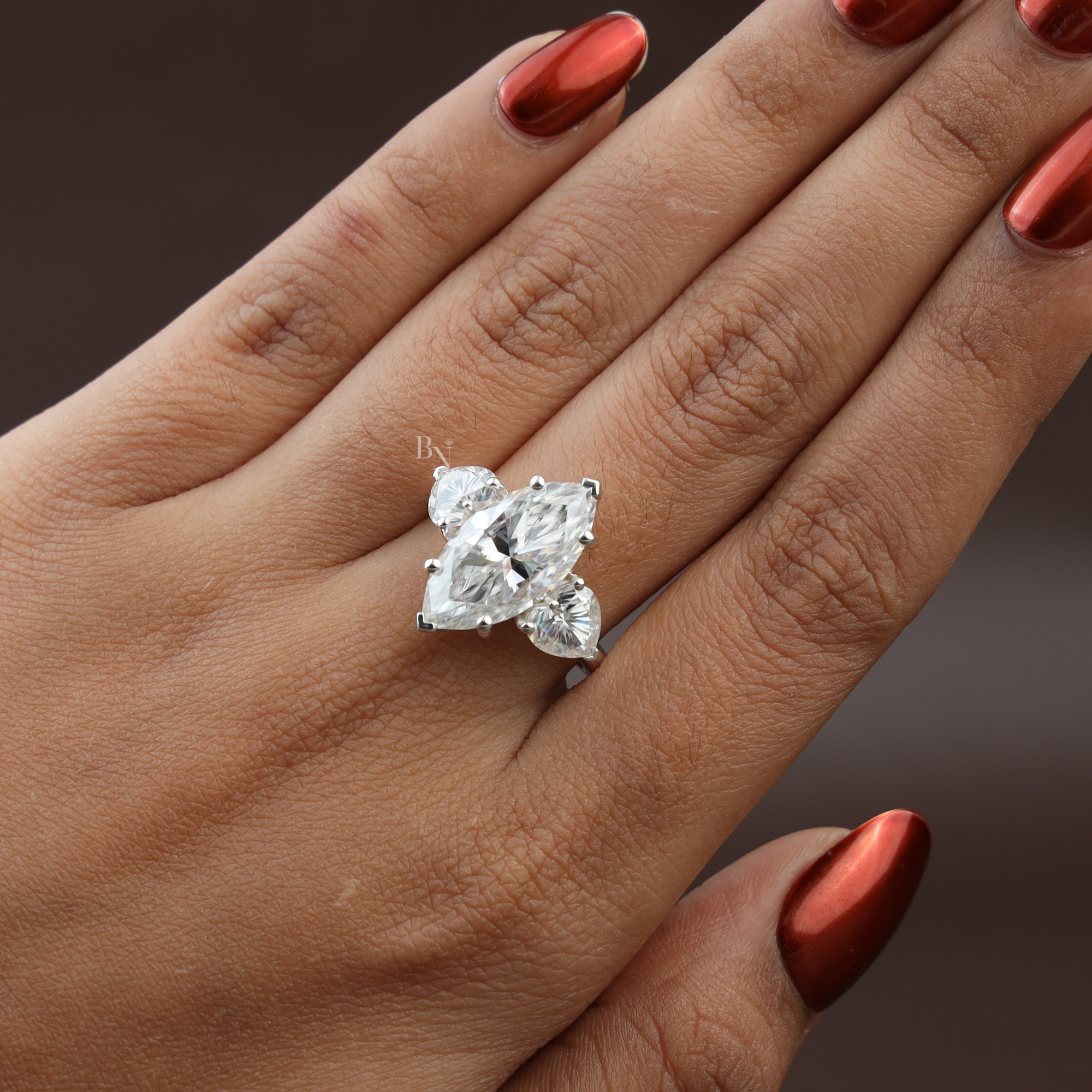5.50ct Marquise Lab Grown Diamond Engagement Ring | Heart Side Stones | 14K White Gold Three Stone Ring | IGI Certified | V-Tip Solitaire
