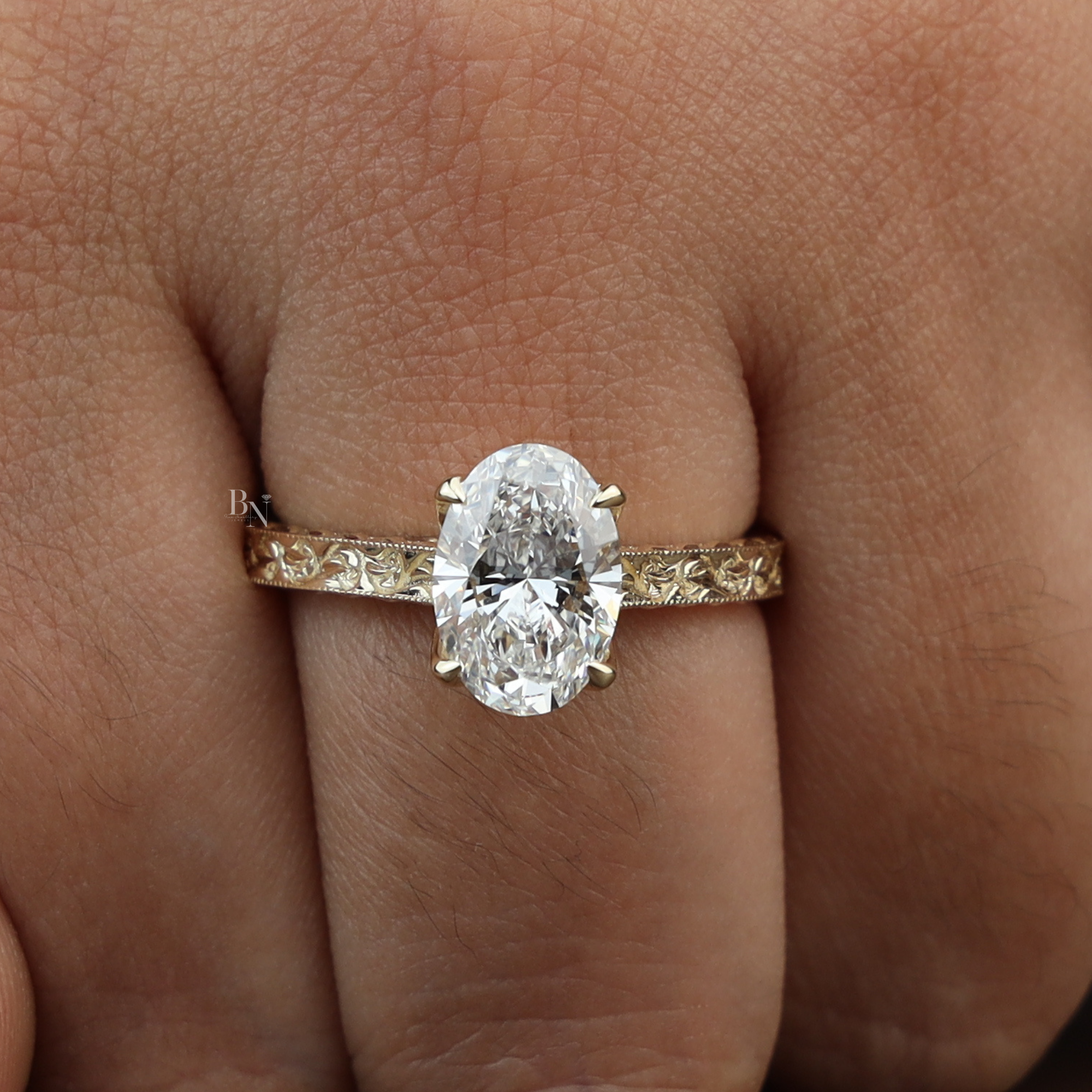 2ct Oval Lab Grown Diamond Engagement Ring | 14K Yellow Gold Vintage Hand Engraved Band | Hidden Halo Solitaire | Filigree Bridal Jewelry
