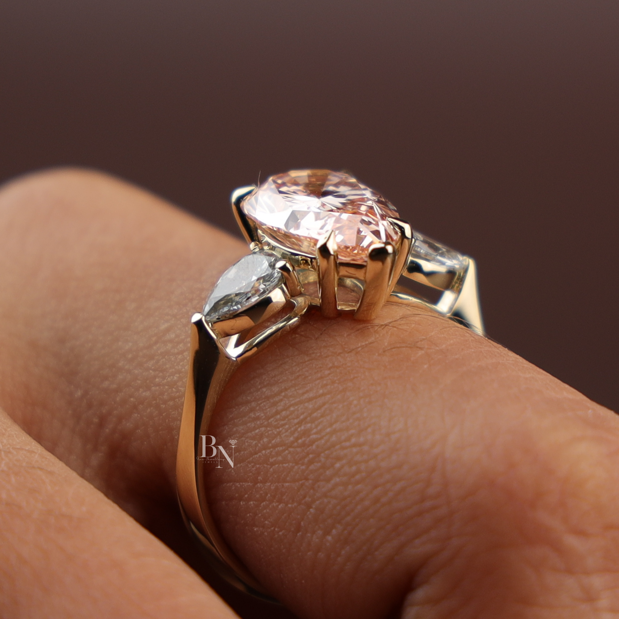3ct Fancy Pink Pear Cut Lab Grown Diamond Engagement Ring | 14K Yellow Gold 3 Stone Ring | Tapered Bridal Wedding Fine Jewelry