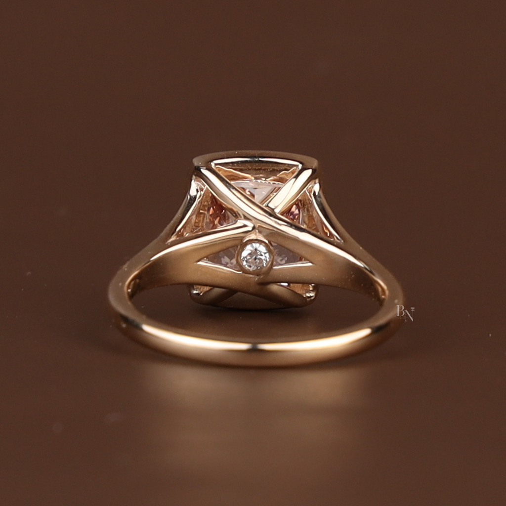 3ct Cushion Cut Fancy Pink Lab Grown Diamond Engagement Ring | 14K Solid Gold Bezel Set Solitaire | Split Shank Cathedral Bridal Ring | IGI