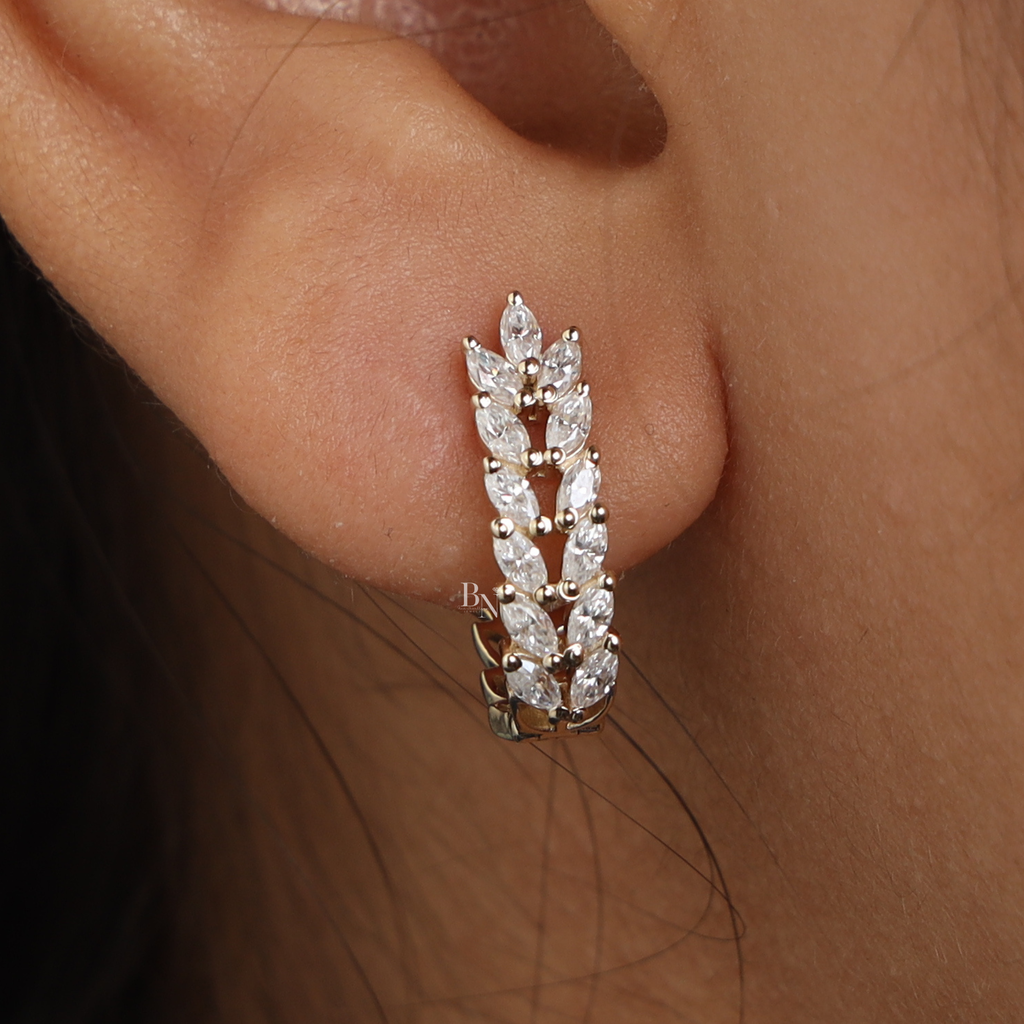 14K Yellow Gold Marquise Diamond Vine Leaf Hoop Earrings | Lab Grown Huggies