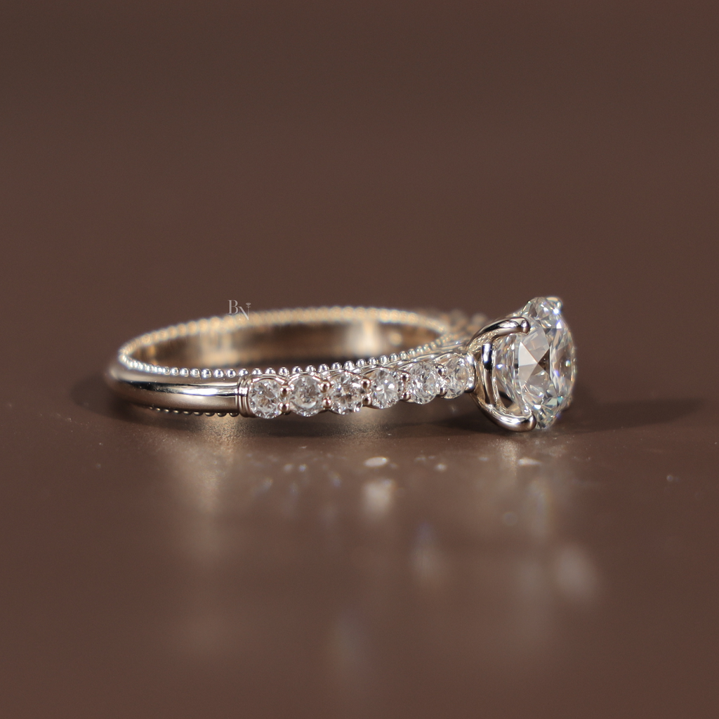 2ct Round Brilliant Lab Grown Diamond Engagement Ring | 14K Rose Gold Filigree Gallery | Pavé Diamond Band | Milgrain Vintage Bridal Ring