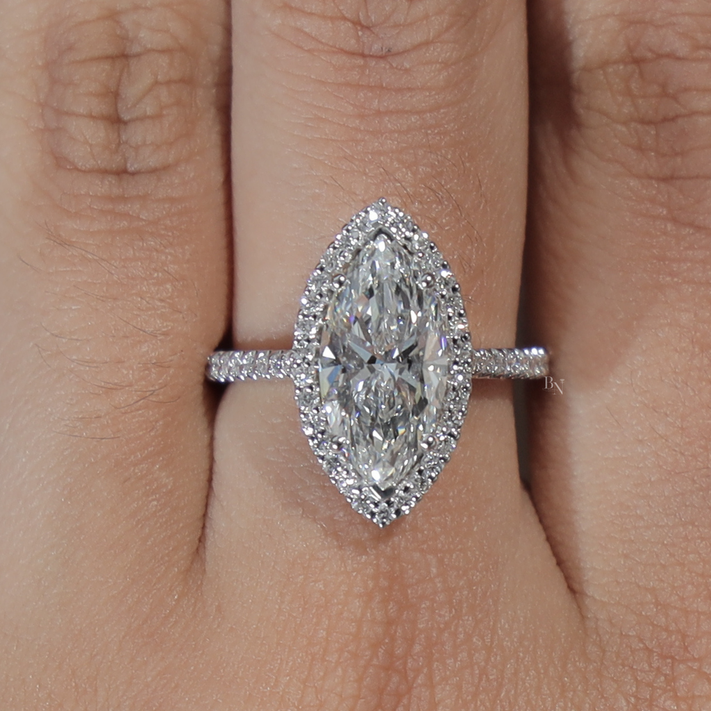 3ct Marquise Lab Grown Diamond Engagement Ring | 14K White Gold Halo | IGI Certified Type IIa Diamond | Pave Band Bridal Anniversary Ring