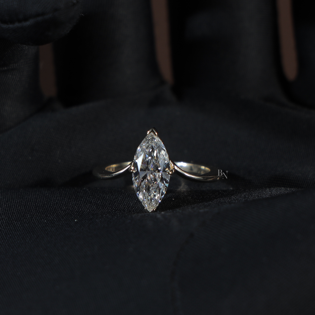 1.5 Carat Marquise Lab Grown Diamond Engagement Ring | Hidden Halo Solitaire | 14K Solid White Gold | Cathedral Pave Bridal Ring |