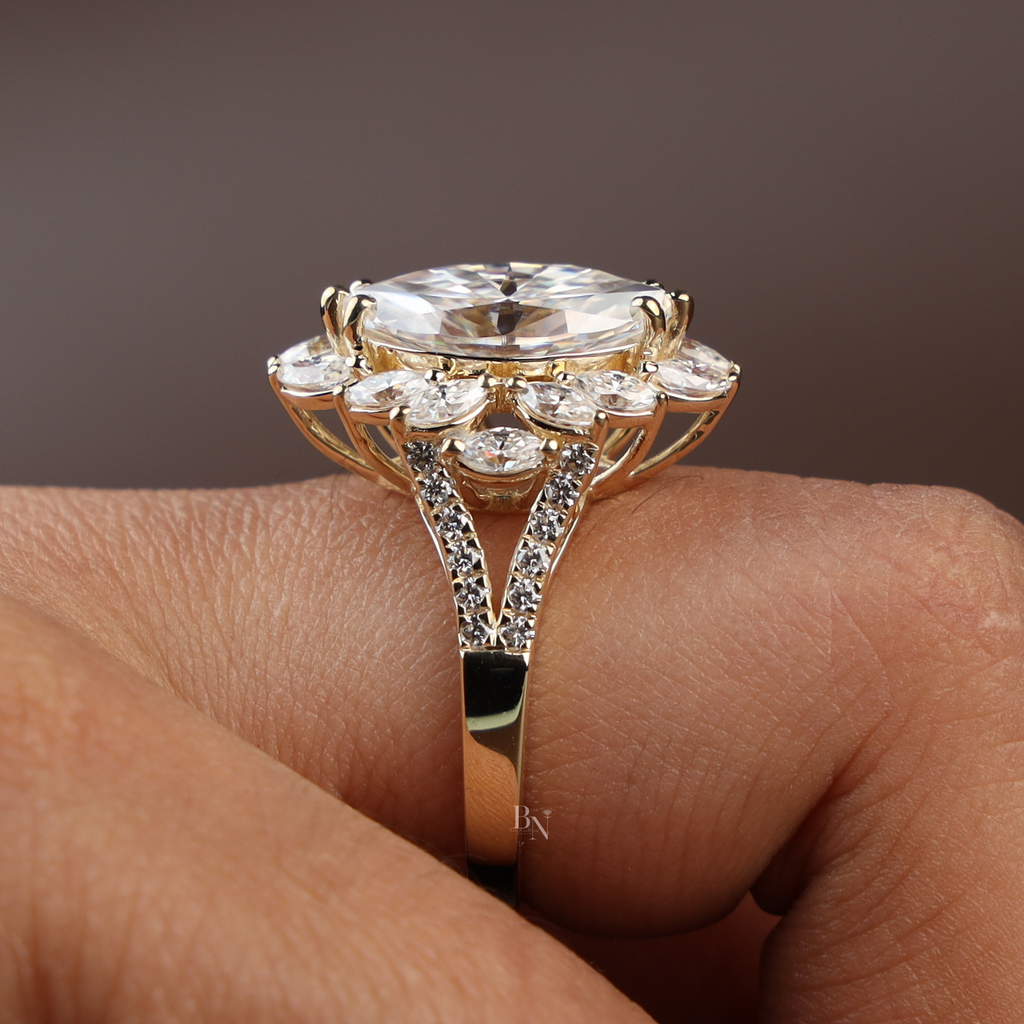 3ct Marquise Lab Diamond Engagement Ring | Marquise Cluster Halo Setting | Split Shank Gold Band | Unique Luxury Wedding Jewelry |