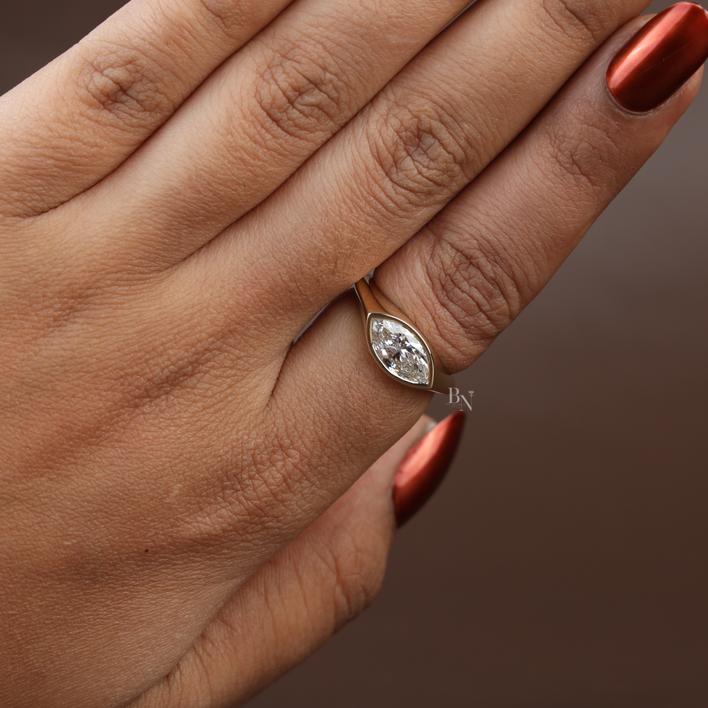 1.25ct Marquise Lab Diamond Engagement Ring | East West Bezel Set Solitaire | 14k Gold Minimalist Ring | Modern Unique Proposal Jewelry