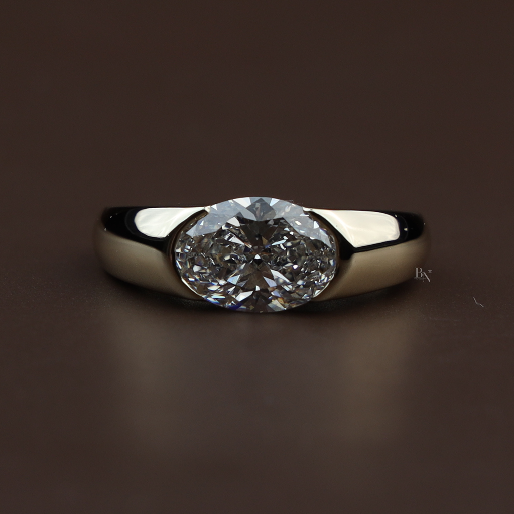 2.5ct East West Oval Lab Grown Diamond Engagement Ring | 14K Yellow Gold Half Bezel Signet Ring | IGI Certified Diamond | Modern Band