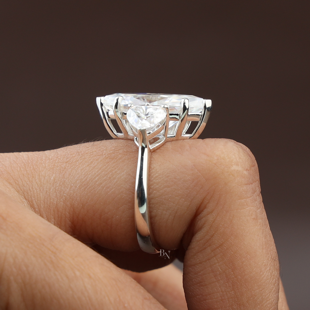 5.50ct Marquise Lab Grown Diamond Engagement Ring | Heart Side Stones | 14K White Gold Three Stone Ring | IGI Certified | V-Tip Solitaire