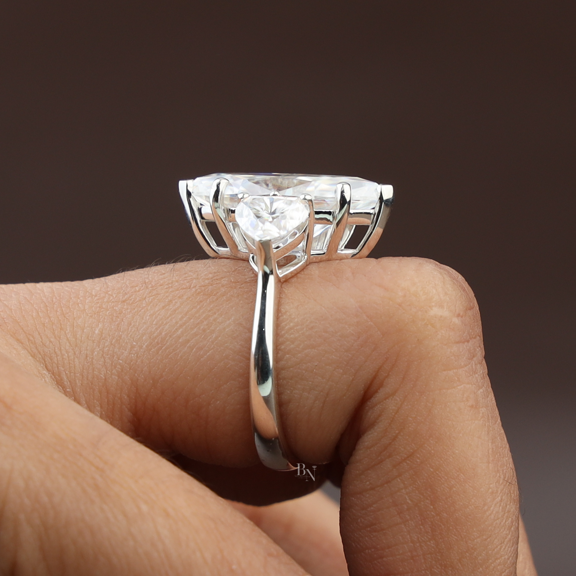 5.50ct Marquise Lab Grown Diamond Engagement Ring | Heart Side Stones | 14K White Gold Three Stone Ring | IGI Certified | V-Tip Solitaire