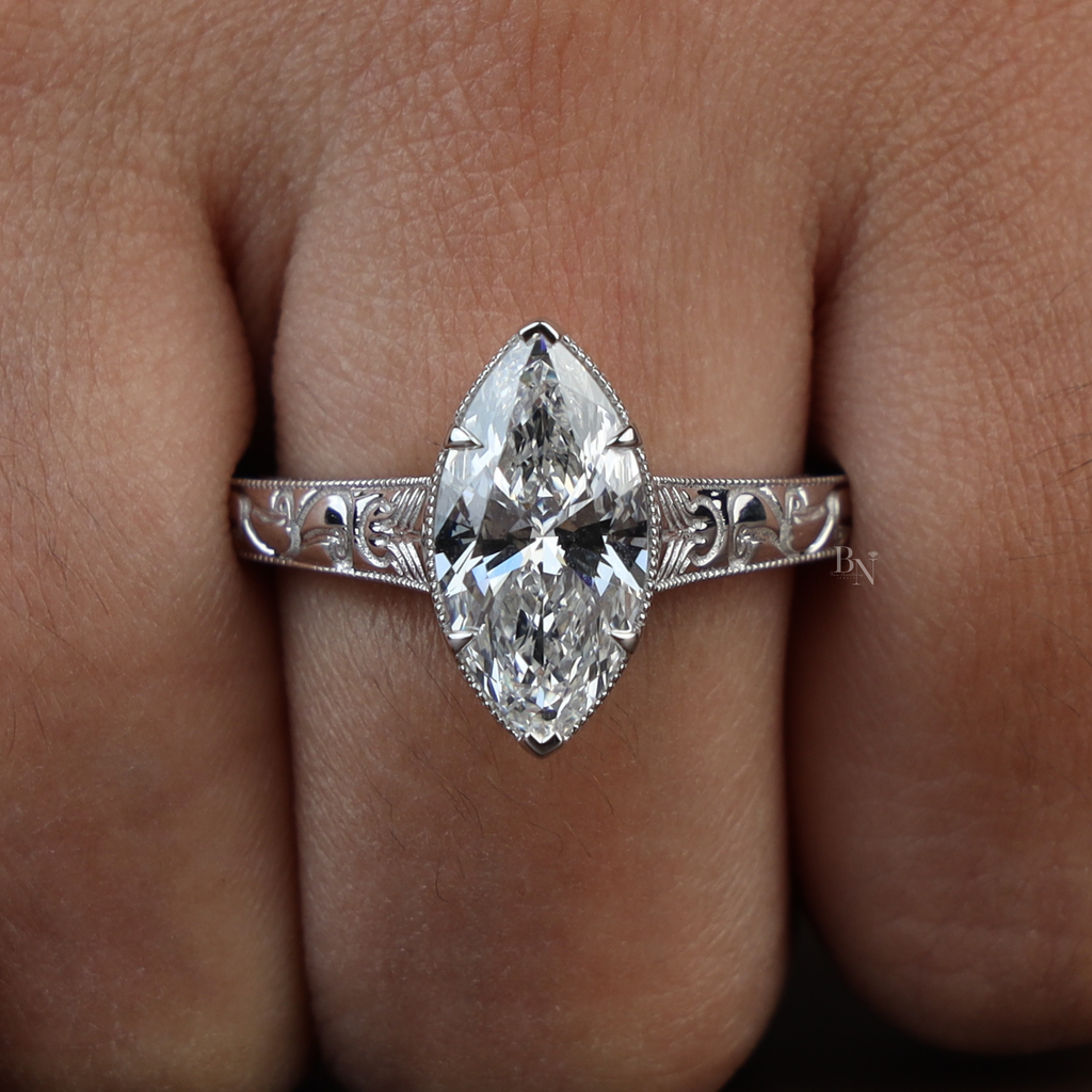 3ct Marquise Lab Diamond Engagement Ring | Vintage Art Deco Style | Engraved Antique Band | Milgrain Setting |Unique Proposal Ring