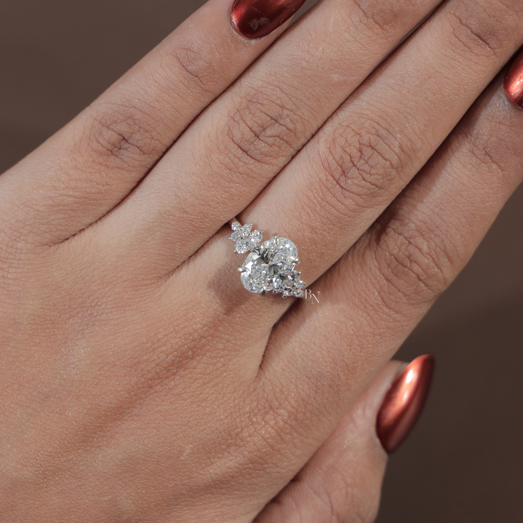 2 Carat Oval Lab Grown Diamond Engagement Ring | 14K White Gold Cluster Setting | IGI Certified | Unique Bridal Anniversary Ring |