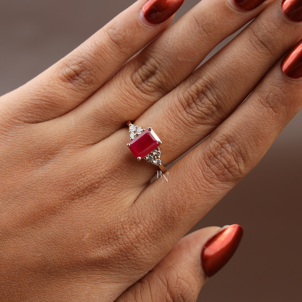 2ct Emerald Cut Red Lab Diamond Engagement Ring | 14K Yellow Gold | Hidden Halo | Triple Cluster Side Stone | Type IIa | IGI Certified Ruby