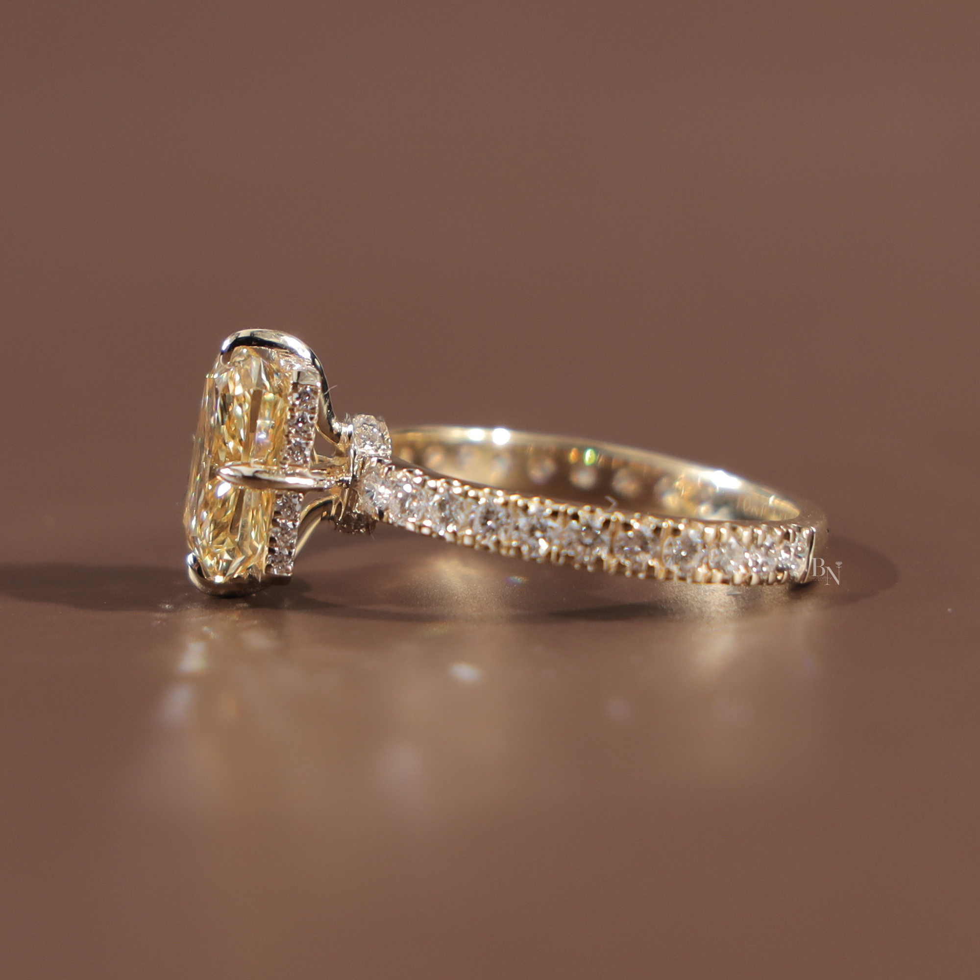 3.5ct Radiant Cut Fancy Yellow Lab Grown Diamond Engagement Ring | Hidden Halo | 14K White Gold Pave Band | IGI Certified Canary Diamond