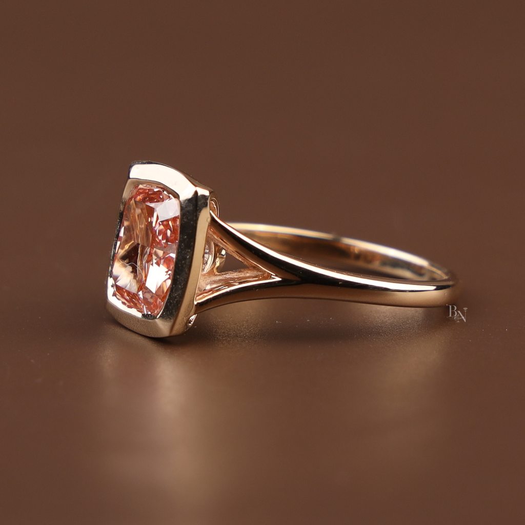 3ct Cushion Cut Fancy Pink Lab Grown Diamond Engagement Ring | 14K Solid Gold Bezel Set Solitaire | Split Shank Cathedral Bridal Ring | IGI