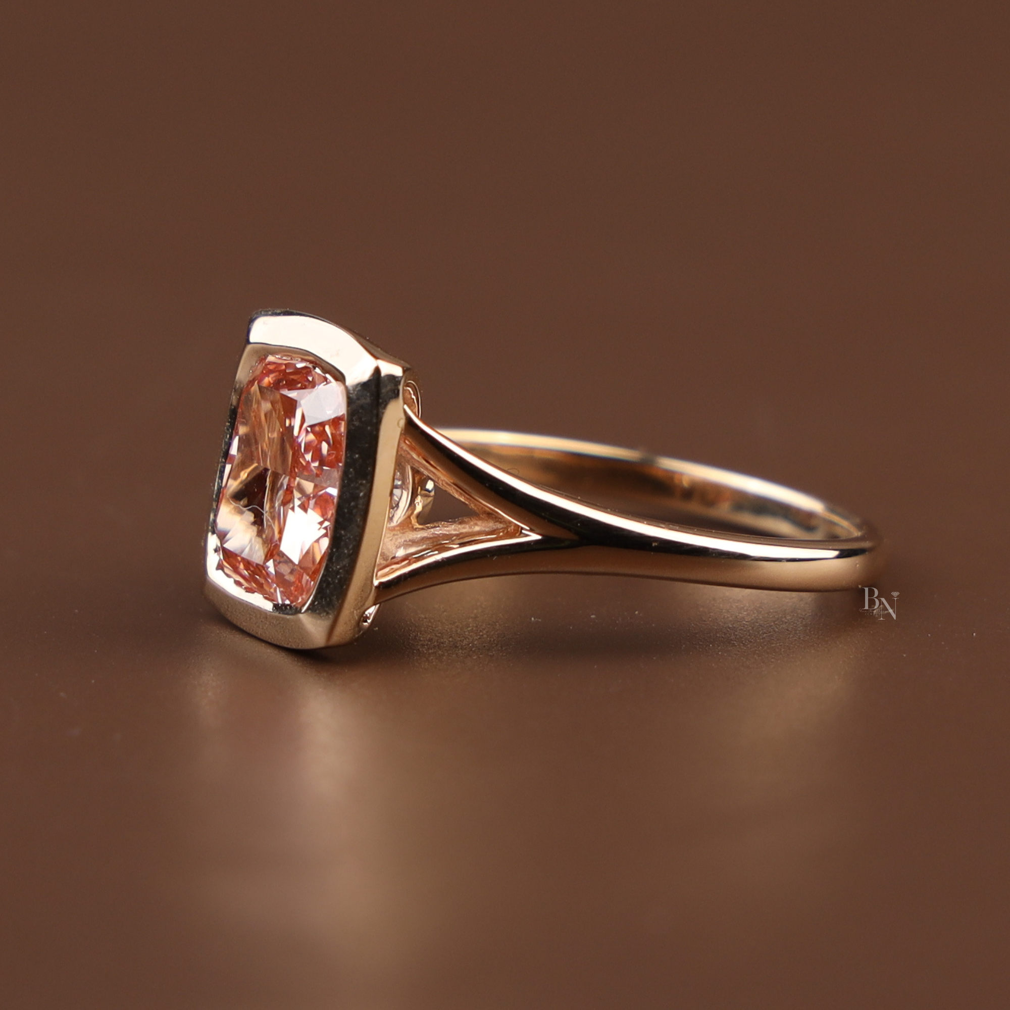 3ct Cushion Cut Fancy Pink Lab Grown Diamond Engagement Ring | 14K Solid Gold Bezel Set Solitaire | Split Shank Cathedral Bridal Ring | IGI