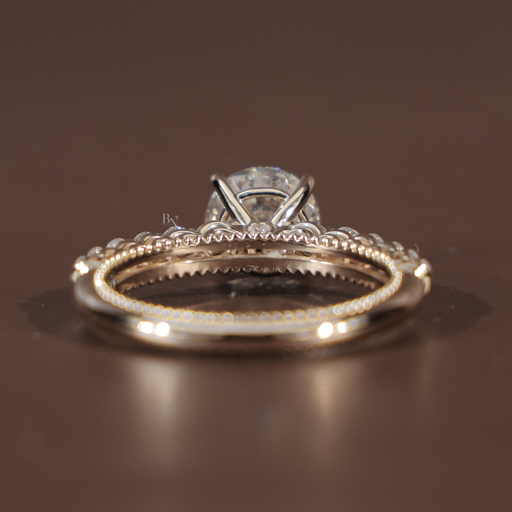 2ct Round Brilliant Lab Grown Diamond Engagement Ring | 14K Rose Gold Filigree Gallery | Pavé Diamond Band | Milgrain Vintage Bridal Ring