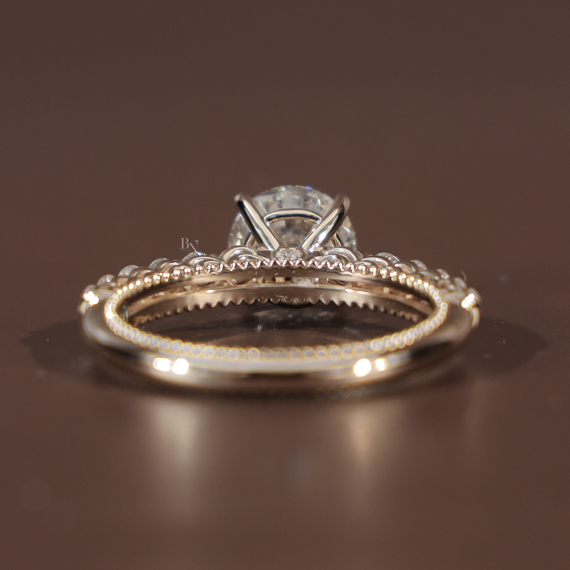 2ct Round Brilliant Lab Grown Diamond Engagement Ring | 14K Rose Gold Filigree Gallery | Pavé Diamond Band | Milgrain Vintage Bridal Ring