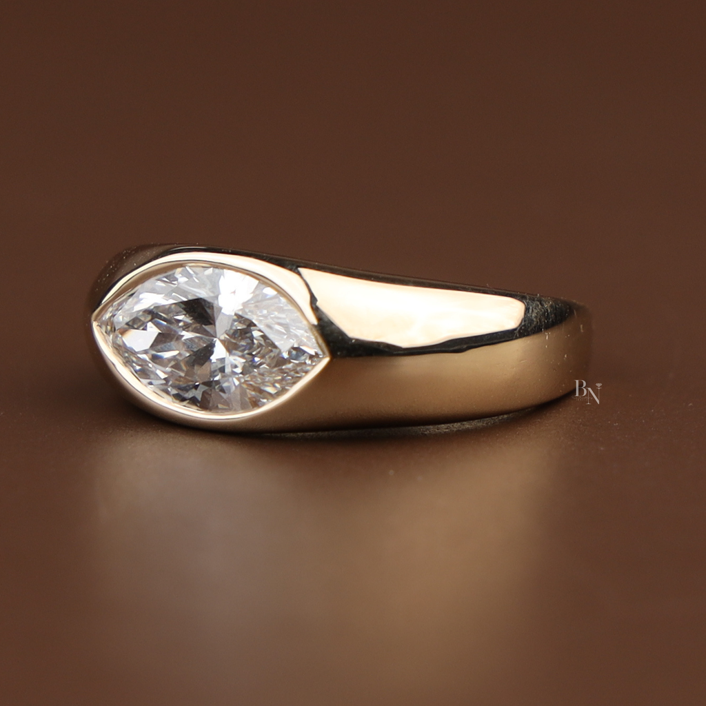 1.5ct Marquise Lab Grown Diamond Engagement Ring | Bezel Set East West Solitaire | 14K Yellow Gold Wide Band | IGI Certified |