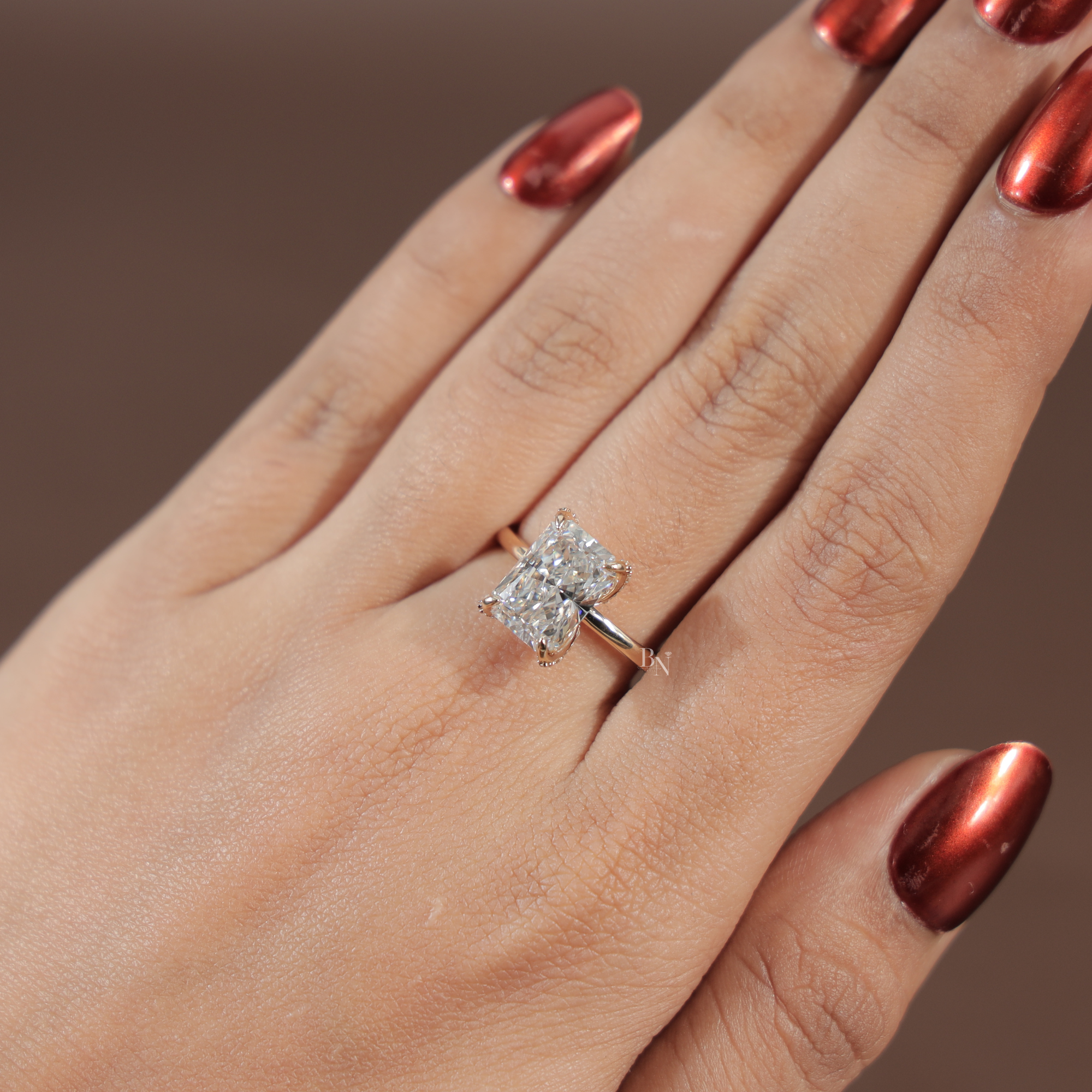 3.5ct Radiant Cut Lab Grown Diamond Engagement Ring | Hidden Halo Pave Bridge | 14K Yellow Gold Bridal Ring | Type IIa IGI Certified Diamond