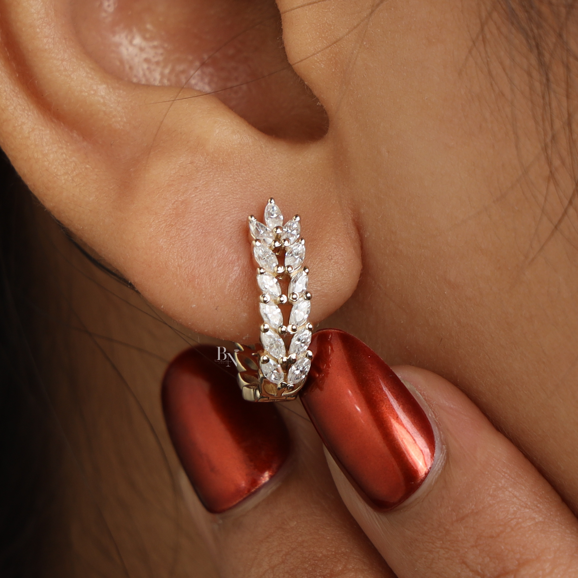 14K Yellow Gold Marquise Diamond Vine Leaf Hoop Earrings | Lab Grown Huggies