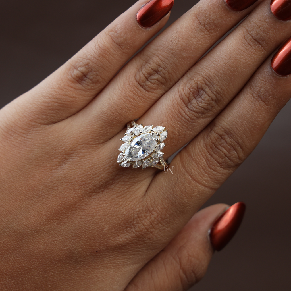 3ct Marquise Lab Diamond Engagement Ring | Marquise Cluster Halo Setting | Split Shank Gold Band | Unique Luxury Wedding Jewelry |