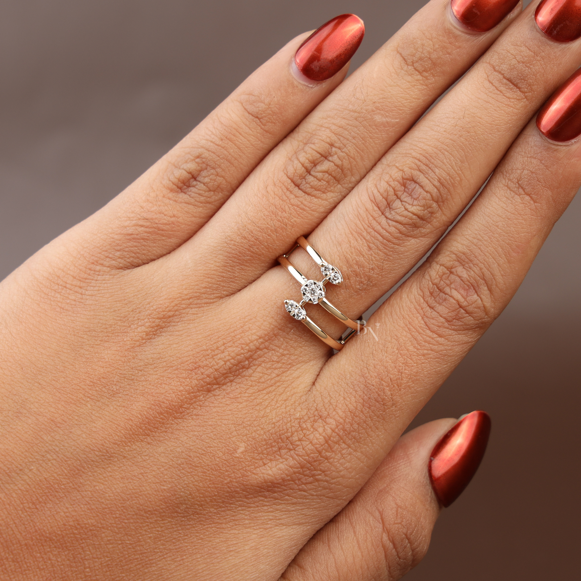 Triple Band Bypass Lab Diamond Ring | Multi Row Cage Band | Marquise and Round Cluster | Minimalist Bridal | Anniversary Gift