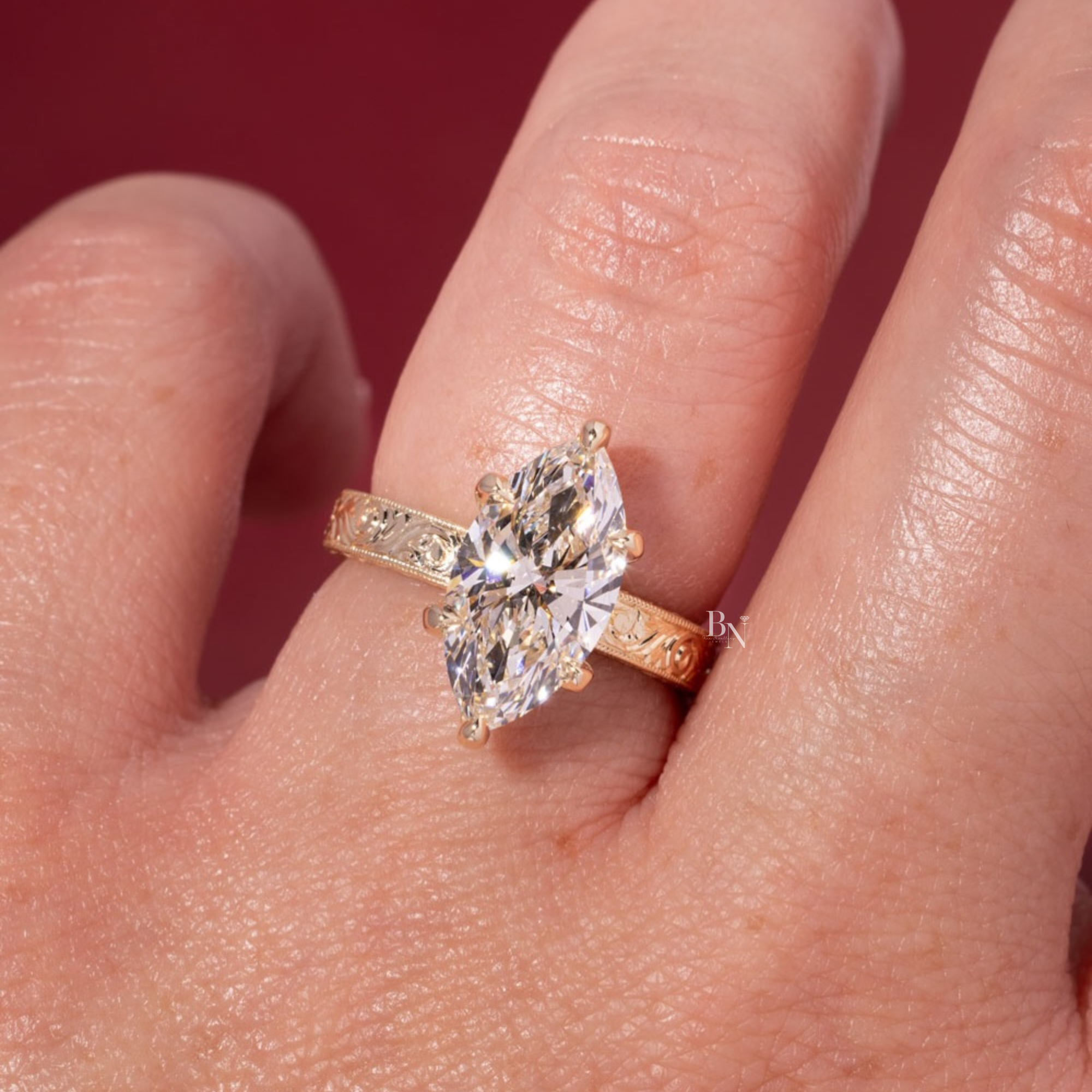 3ct Marquise Lab Grown Diamond Engagement Ring | 14K Yellow Gold | Vintage Hand Engraved Band | Art Deco Solitaire (photos of 3ct Ring)