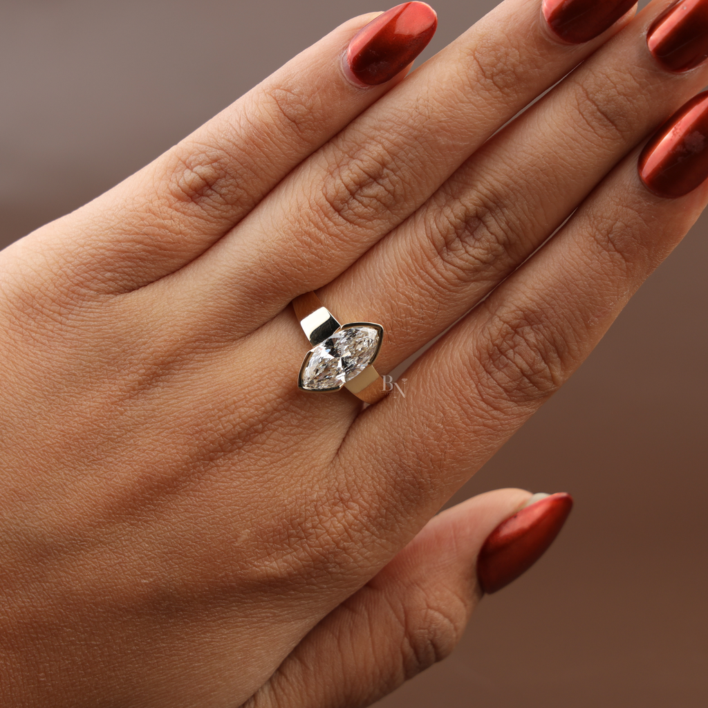 2ct Marquise Diamond Engagement Ring | 18K Yellow Gold Bezel Set Tapered Band | IGI Certified Ring