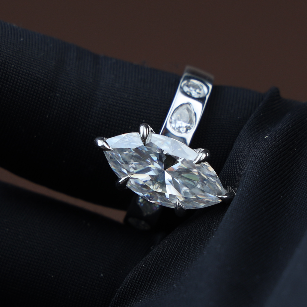 3ct Marquise Lab Grown Diamond Engagement Ring | 14K White Gold Six Prong V-Tip Solitaire | Unique Bezel Accent Band |