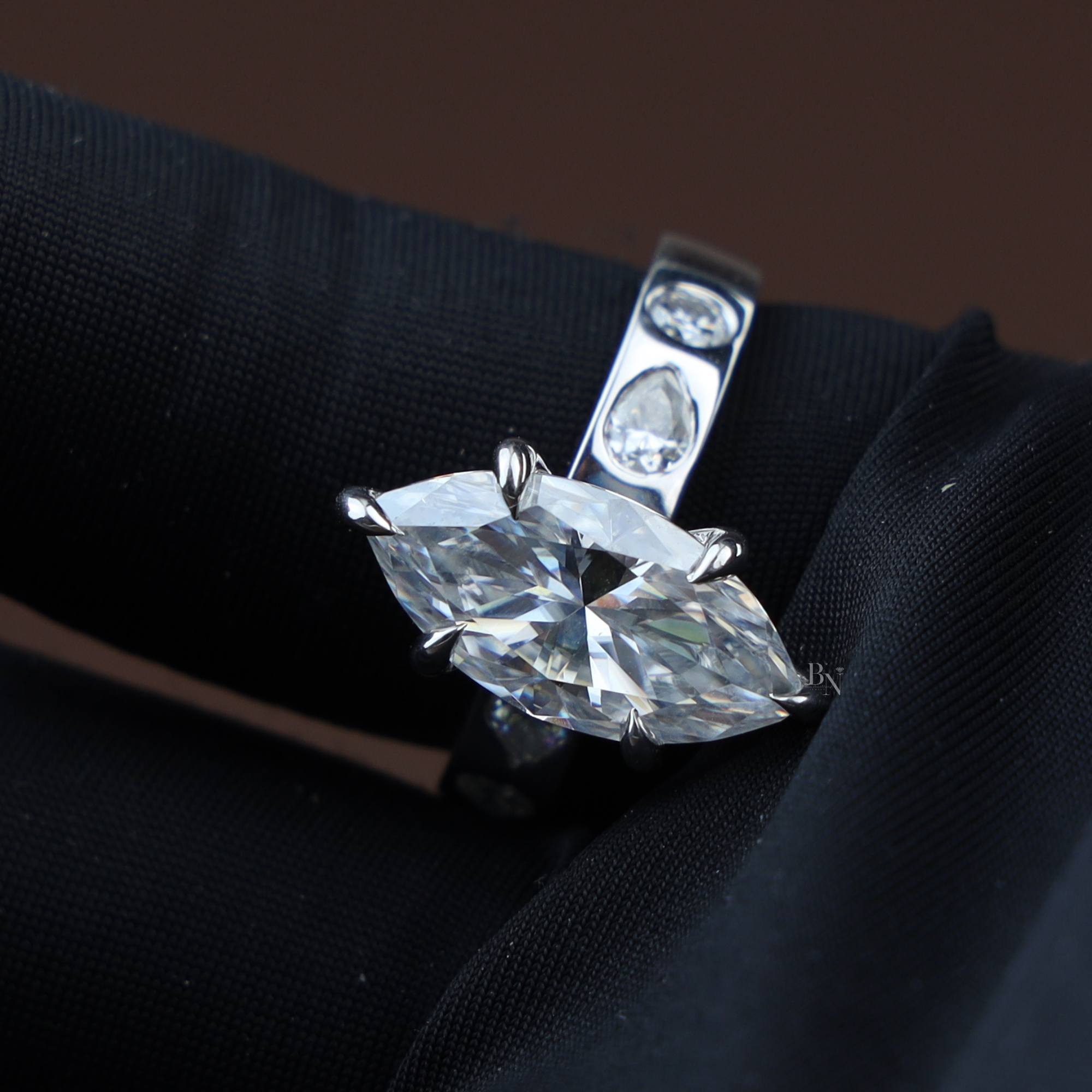3ct Marquise Lab Grown Diamond Engagement Ring | 14K White Gold Six Prong V-Tip Solitaire | Unique Bezel Accent Band |